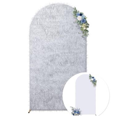 Imagem de Capa de fundo de arco de franja prateada de 2 metros com trepadeira de tinsel, cobertura de suporte de pano de fundo Chiara com glitter - Franja metálica e elastano para decoração de cerimônias de