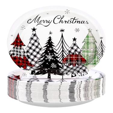 Imagem de 50 peças de pratos ovais de Natal, 25,4 x 30,5 cm, grandes, descartáveis, resistentes, xadrez, árvores de Natal, pratos de festa de Natal com floco de neve, prato de sobremesa para inverno, férias em