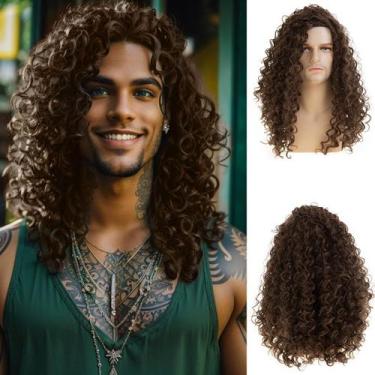 Imagem de Peruca Dsimeig Long Curly Brown para homens, festa à fantasia de Hallo