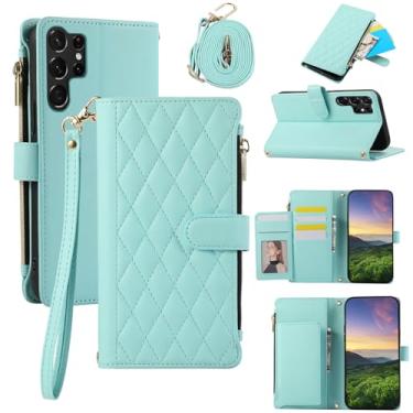 Imagem de Capa carteira para Samsung Galaxy S23 Ultra, capa de couro com 6 compartimentos para cartão e 1 compartimento para dinheiro e 1 bolsa com zíper, fivela magnética à prova de choque com alça de mão e