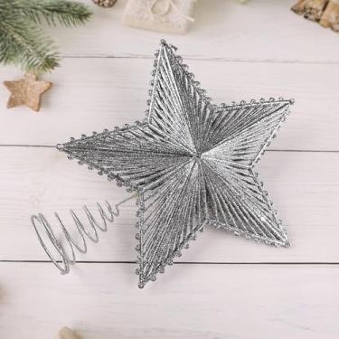 Imagem de Enfeite de árvore de Natal com estrela de metal brilhante 3D, pentagrama, enfeite de decoração de Natal, prata 23 x 20 cm