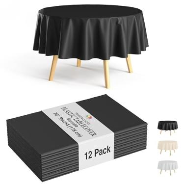 Imagem de Party Solids Pacote com 12 toalhas de mesa de plástico redondas pretas descartáveis – Tamanho: 177 cm – Toalhas de mesa redondas de plástico para festas, piqueniques e eventos formais
