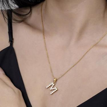 Imagem de Colar com pingente de cristal banhado a ouro 18 K - joia com monograma de strass para presentes personalizados e uso diário, F, Aço inoxidável, Sem Pedra Preciosa