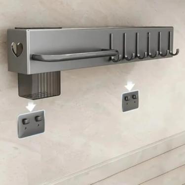 Imagem de Suporte Organizador de Parede para Utensílios de Cozinha, Aço Inox, Cinza, 59,5x5,3x6,5cm, 10 Ganchos, Porta Facas e Talheres