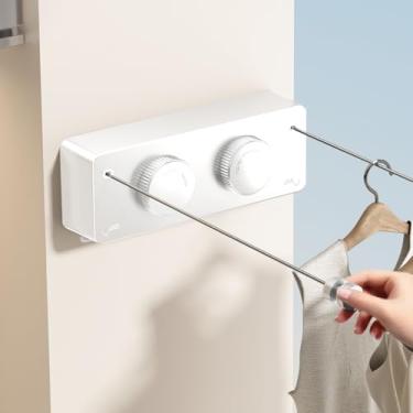 Imagem de Varal Retratil de Parede Aço Inoxidável Corda Varal de Roupa Ajustável Até 4.2 m Varal Retratil de Parede Recolhível À Prova D'água e Antiferrugem Com Duas Linhas Branco