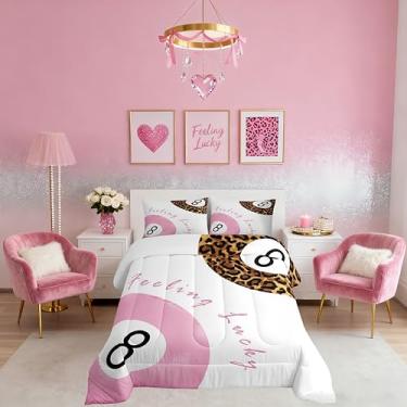 Imagem de Conjunto de edredom moderno de leopardo, estampa de guepardo estético, arte moderna, edredom de 8 bolas da sorte, edredom com 8 bolas da sorte, rosa, branco e marrom, 2 fronhas