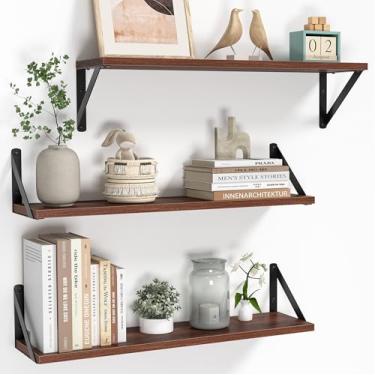 Imagem de Heimlove Prateleiras flutuantes para parede, conjunto de 3 prateleiras flutuantes de madeira, 61 cm de comprimento, prateleira suspensa para banheiro, quarto, cozinha, nogueira