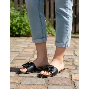 Imagem de Sandália Rasteira Feminina Preta Laço Confortável Calce Fácil, Preto, 