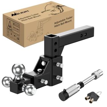 Imagem de Nilight Suporte de bola de engate de reboque ajustável para receptor de 5 cm Tri-Ball de 4,5 cm - 2,721 kg 5,5 kg - 3,401 kg 2-5/401.9 kg - 4,535.9 kg de capacidade de engate cromado com haste sólida