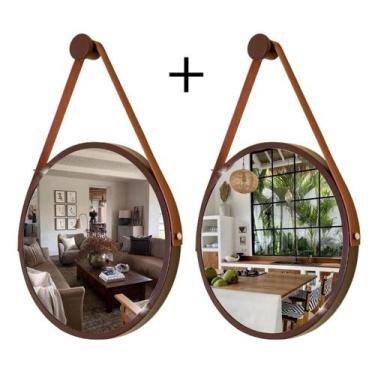 Imagem de Kit 2 Espelhos Redondo Decorativo Suspenso Alça 30cm + Suporte Marrom 