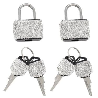 Imagem de 2 peças de mini fechaduras com chaves com strass brilhantes, cadeados de metal brilhante para bagagem, armário, mala, mochila, caixas e bolsa para laptop (branco)