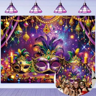 Imagem de Decoração de festa de baile de máscaras de carnaval 2,8 x 1,8 m com máscara dourada roxa para fotografia de festa dançante para carnaval de carnaval