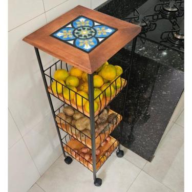 Imagem de Fruteira de Chão Rústica com Rodinhas 3 Andares em Ferro e Madeira Art