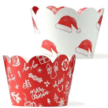 Imagem de Pretty Cute Studios Embalagens de cupcake de Natal (pacote com 30, reversíveis) – Design de chapéu de Papai Noel e rabiscos de Natal, envoltórios decorativos de papelão grosso, ajuste ajustável para