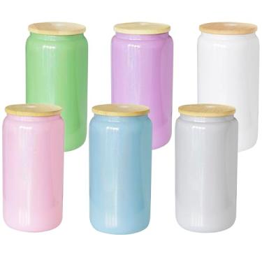 Imagem de VACVOU Pacote com 6 copos de vidro de sublimação em branco com tampa de bambu e canudo de sublimação iridescente copos de lata de vidro cintilante arco-íris brilhante 473 ml copos de cerveja de