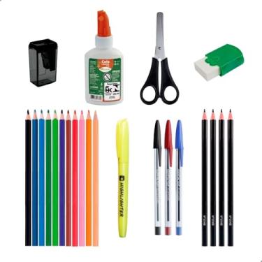Imagem de Kit Material Escolar Lapis De Cor Canetas Marcador Cola Tesoura E Mais