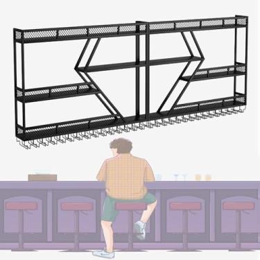 Imagem de Grande rack de vinho montado na parede com luzes LED suporte de vidro para garrafa, prateleira de bebidas de 3 camadas, prateleiras flutuantes, organizador de armazenamento, taças de metal para casa