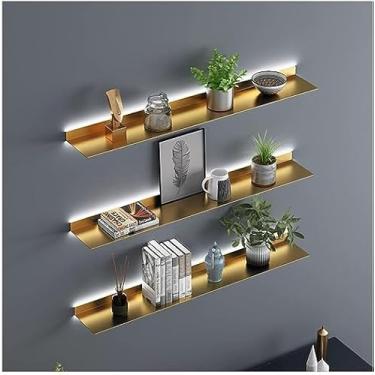 Imagem de Prateleiras de parede flutuantes com LED, prateleira de armazenamento de parede montada na parede com placa de aço, prateleiras de exibição de metal para bar comercial de escritório em casa, ouro, 120