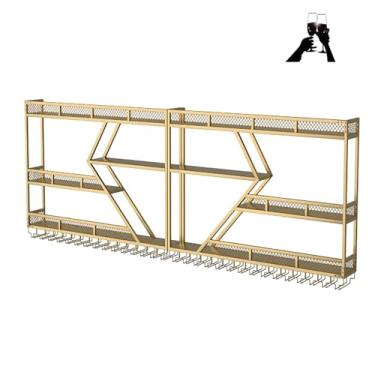 Imagem de Rack de vinho grande montado na parede com luz LED, prateleira de exibição de garrafa de licor industrial, rack de armazenamento de vinho suspenso de 3 camadas com suporte de vidro, prateleiras