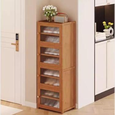 Imagem de LULUMAIC Sapateira alta de bambu, armário de armazenamento de sapatos fino com portas e prateleira removível, sapateira de canto que economiza espaço para corredor, armário, quarto