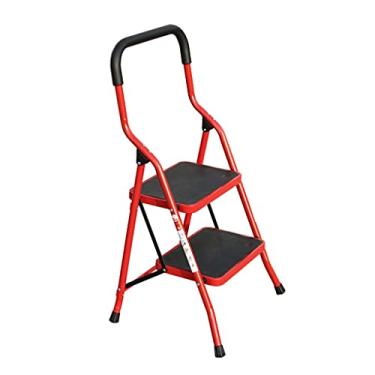 Imagem de Escadas dobráveis de 2 degraus Escada dobrável de metal com pega e pedal largo antiderrapante alça portátil banco de 2 degraus para casa adulto escada resistente (cor: Vermelho) (vermelho)