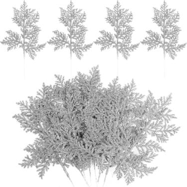 Imagem de 10 agulhas artificiais de pinheiro de Natal, glitter prata falso spray floral palhetas galhos para decoração de árvore de Natal, guirlanda de casamento, buquê de casamento