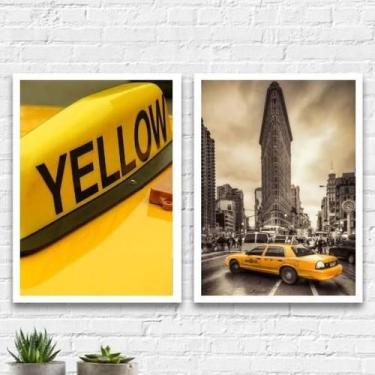 Imagem de Kit 2 Quadros Fotografias Taxi Amarelo 45X34 C/Vidro Branca - Quadros 