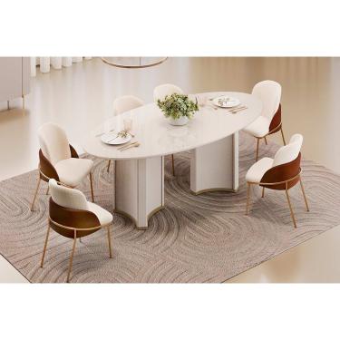 Imagem de Sala de Jantar Completa Liz c/ Tampo Madeirado c/ Vidro Oval 218x108cm e 6 Cadeiras Vitta Off White - Boucle Perola/Terracota - DJ Móveis