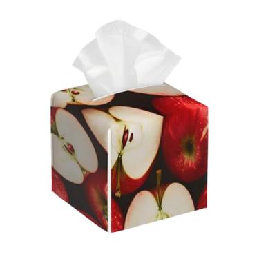 Imagem de Capa quadrada de couro para caixa de lenços de papel, impermeável, fruta, maçã, realista, vermelho, organizador de papel facial com cinto inferior, estojo de lenços para mesa, banheiro, escritório