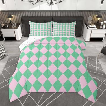 Imagem de Feelyou Conjunto de edredom xadrez de diamante, solteiro, xadrez de búfalo, para crianças, meninos, meninas, clássico, xadrez, verde, rosa, edredom para decoração de quarto, microfibra, 2 peças com 1