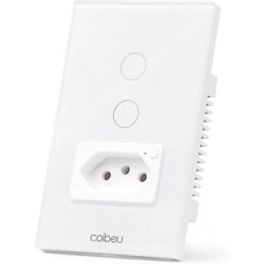 Imagem de Interruptor Inteligente WiFi com Tomada, Interruptor Smart Sem Fio Doméstico Multifuncional, Controle Remoto de Eletrodomésticos Por Celulares, Branco, 2 Botao, com neutro
