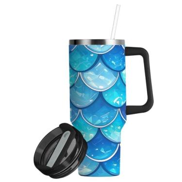 Imagem de ATTX Copo de escamas de sereia azul de 850 g com alça, copo de aço inoxidável a vácuo de parede dupla com palha, caneca de café de viagem isolada #840