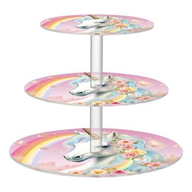 Imagem de Blueangle Suporte redondo de cupcake de 3 camadas – Torre de sobremesa acrílica de cavalo arco-íris, suporte de sobremesa em camadas antiderrapante para chá de bebê, aniversário, festa de casamento