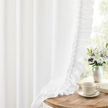 Imagem de Cortinas brancas com babados de 213 cm de comprimento, 2 painéis, L 127 x C 213 cm, cortinas recortadas de casa de fazenda texturizadas de linho para sala de estar, bolso de haste, filtro de luz