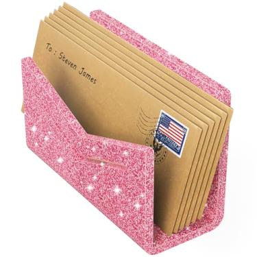Imagem de Beego Bancada organizadora de envelopes e correios - Organizador de mesa de acrílico rosa com glitter, porta-cartas, classificador de arquivos de mesa, suporte de pasta de documentos para escritório