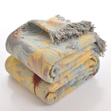 Imagem de Cobertor Boho, 100% algodão, ultramacio, luxuoso, colcha rústica, musselina, respirável, macio, para cama, tudo para sofá, poltrona, 152 x 203 cm (flores amarelas, 203 x 232 cm)