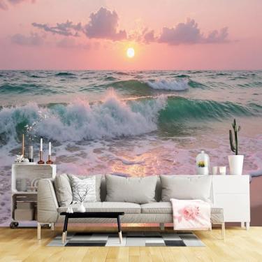 Imagem de Murais de parede de tamanho personalizado, tecido de parede autoadesivo de praia pôr do sol (sem PVC) Papel de parede grande removível para sala de estar, quarto, escritório