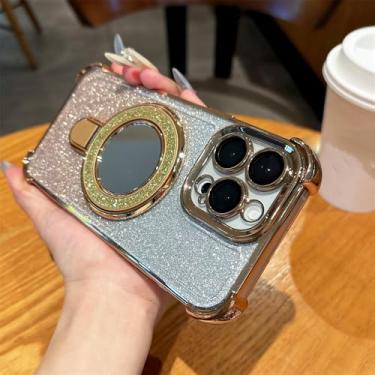 Imagem de Capa de celular com suporte magnético e espelho brilhante para iPhone 14 15 16 Plus 13 12 11, capa protetora com revestimento, dourada, para iPad Pro 13 (2024)