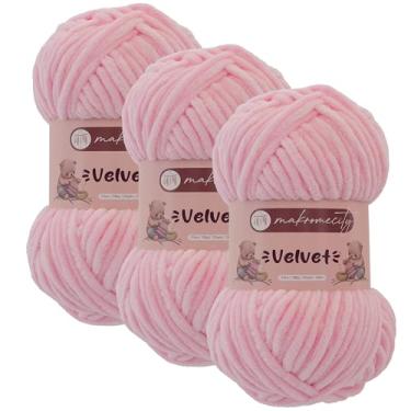 Imagem de Makromecity 3 novelos de fio de veludo 100 g (3,5 oz) / 120 m (132 jardas) fio de chenille premium 100% poliéster, ultra macio, antibolinhas, lavável na máquina, 30 cores para tricô e crochê (rosa