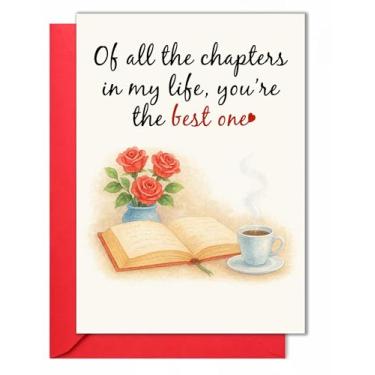 Imagem de Cartão de aniversário – Cartão romântico com design de rosas, livro e café – Cartão dobrado de 12 x 18 cm com envelope e adesivo – Cartão de amor para marido, esposa ou casal – Dia dos Namorados ou