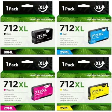 Imagem de Cartuchos de tinta 712XL pacote com 4 (80 ml preto/29 ml ciano/magenta/amarelo) cartuchos de tinta compatíveis 712XL para impressora HP 712XL DesignJet T230 T650 T630 T210