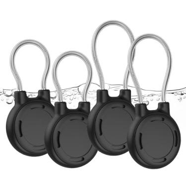 Imagem de ILFINDYOU (Pacote com 4) Porta-chaves Air Tag, porta-etiquetas à prova d'água, trava rosqueada e cabo de aço, estojo rastreador para chaves, crianças, bagagem, animais de estimação, capa preta