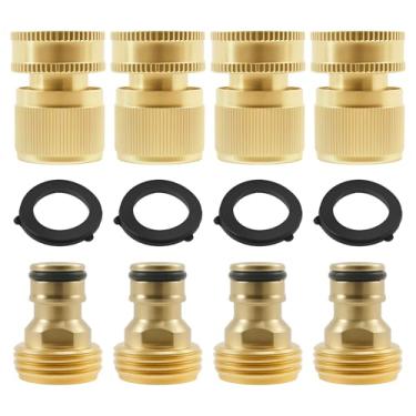 Imagem de ZFLYCANP Conector rápido de mangueira de jardim, conector de mangueira de latão de rosca de 3/4 GHT, inclui 4 conjuntos completos de adaptador fêmea e adaptador macho para mangueiras de água de jardim