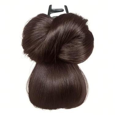 Imagem de 1 peça de cabelo marrom escuro grande liso com clipe para cabelo ondulado liso scrunchies sintético rabo de cavalo perucas de cabelo grosso updo para mulheres
