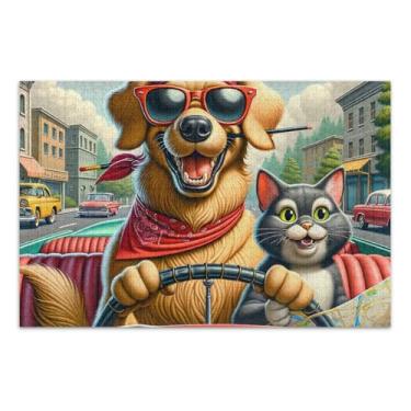 Imagem de Quebra-cabeça de 1000 peças de cachorro e gato dirigindo carro educativo e aprendendo para adultos, famílias