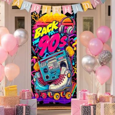 Imagem de BlissYard Banner retrô para porta de feliz aniversário dos anos 90, 90 x 188 cm, pano de fundo de festa com caixa de som, gráficos relâmpagos para decoração de aniversário de parede interna e externa