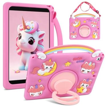 Imagem de VOFUOE Capa protetora de silicone macio para iPad 9ª/8ª/7ª geração com alças de ombro, suporte giratório de 360°, arco-íris, unicórnio, capa protetora de silicone macio para iPad 10.2 2021 2020 2019