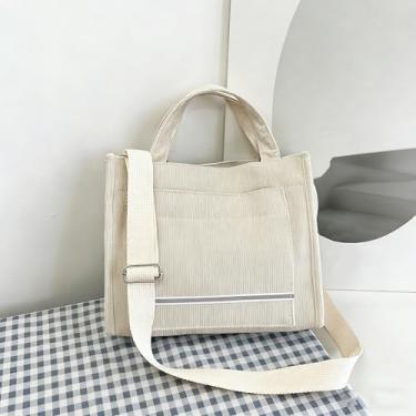 Imagem de Bolsa feminina com bolsos, bolsa transversal grande de veludo cotelê para trabalho, faculdade, todos os dias, viagens, compras, compras, bolsa de ombro ajustável, bege