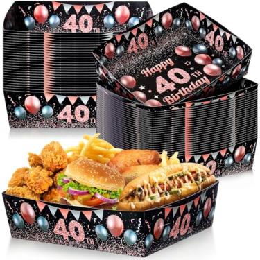 Imagem de Tenceur 50 peças de artigos de festa de 40 anos de 2,2 kg grandes barcos de papel nacho descartáveis lanche servindo bandejas de comida para homens mulheres suprimentos de festa de aniversário decorações de aniversário (ouro rosa e preto)