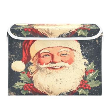 Imagem de SEHANY Linda caixa de armazenamento de Papai Noel de Natal com tampas e alças, organizador de cestas de armazenamento de tecido dobrável, caixas de armazenamento de cubos grandes para roupas, cobertor